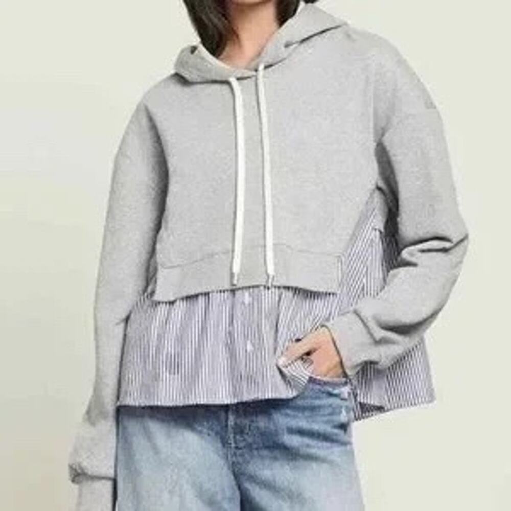 Veronica Beard Heather Gray Blue Hockley Mixed Media Hooded Sweatshirt Size S